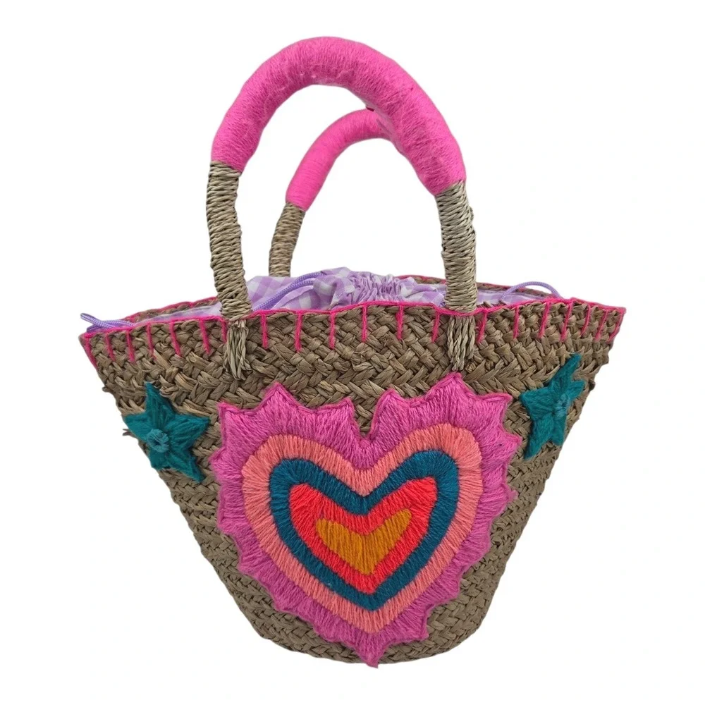 Handmade Straw Heart Medium Tote Bag Pink Boho Beachy Woven Summer Purse